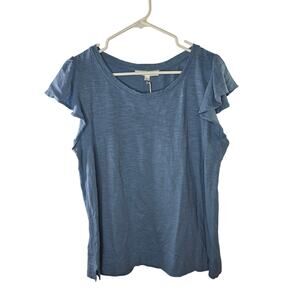 Jane + Delancey Blue Short Ruffle Sleeve Blue Slub Cotton T-shirt Size Large NWT